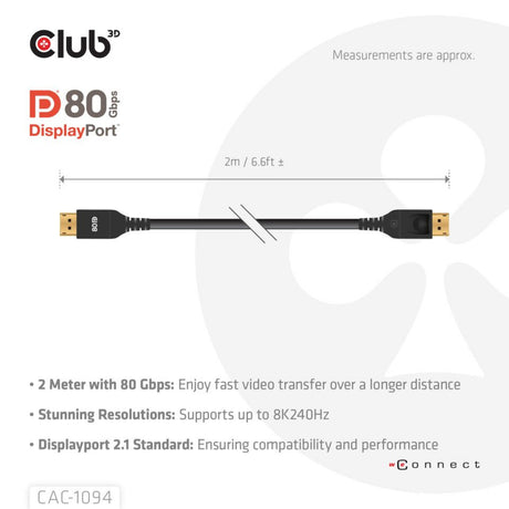 Club 3D-certificeret displayport 2.1 Vesa DP80-kabel (sort, 2 meter, 8k 240hz, 10k 60hz, 80gbps)