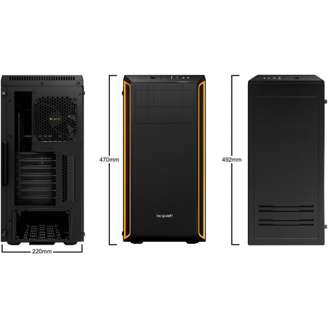 Vær stille! pure base 600 vindue midi tårnhus (sort orange | 2x USB-A | hærdet glas)