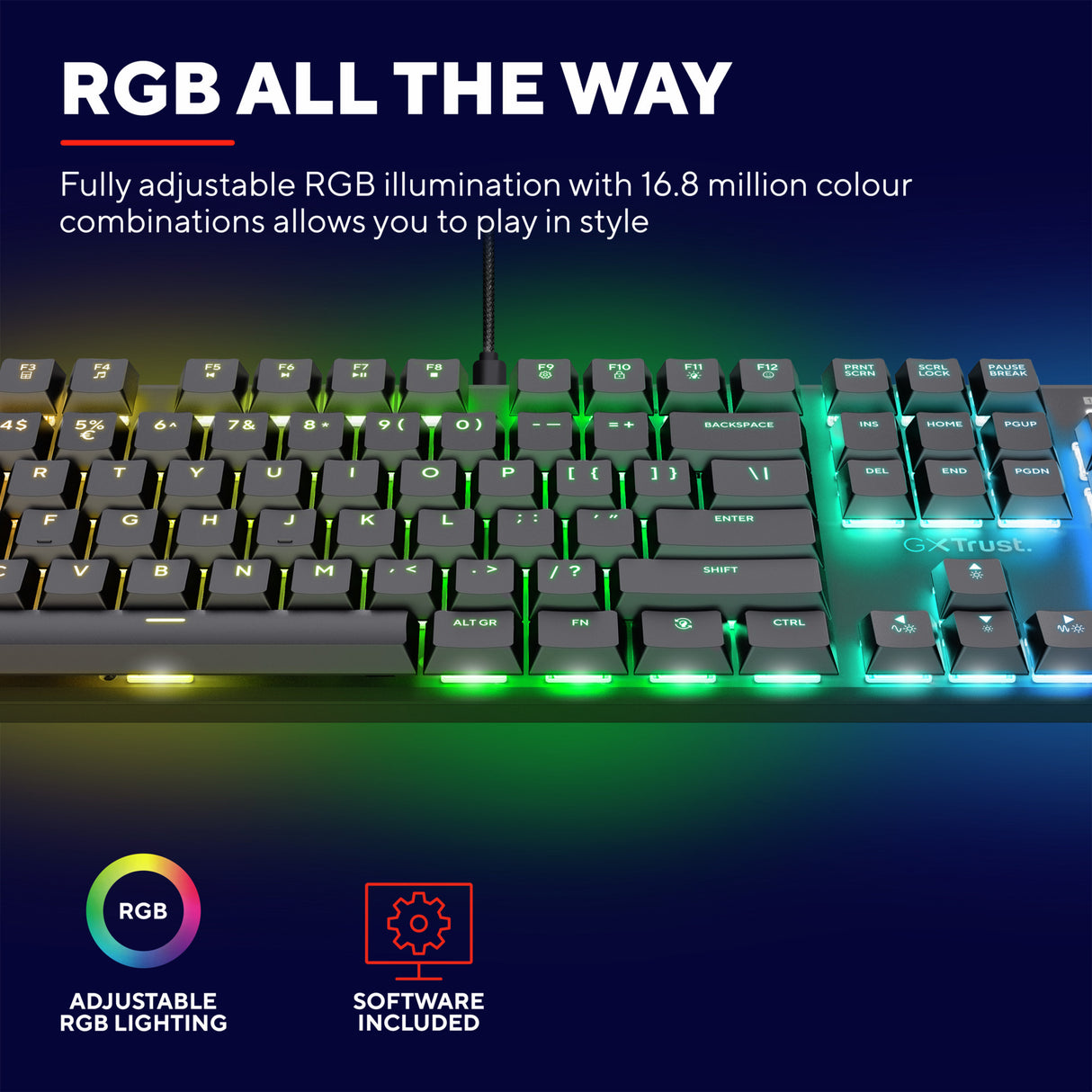 Trust GXT 866 Torix mekanisk gaming-tastatur (sort, amerikansk layout (QWERTY), Huano Red, 100 %, RGB)