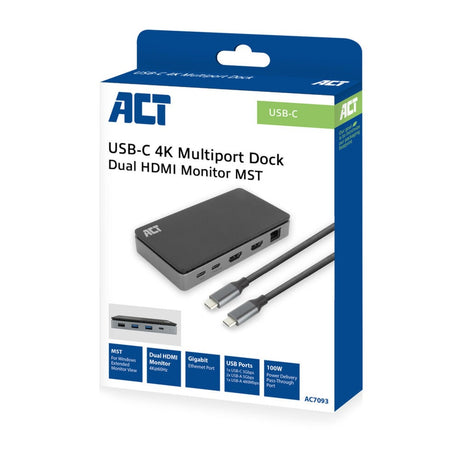 Act tilslutning USB-C 4K MST dockingstation (sort grå)