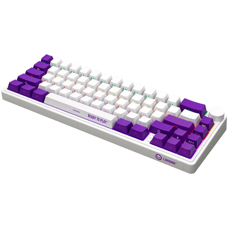 Lorgar kbp70mw rgb mekanisk gaming-tastatur (hvid, us-layout (qwerty), logar giftig lilla, 65%, rgb, hot-swappable, pbt double-shot, bluetooth | 2,4ghz | usb)