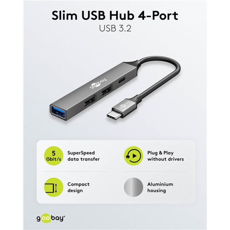 Goobay slim USB-hub med 4 porte, USB-C til USB-C USB-A, 5 Gbit s (lysegrå)