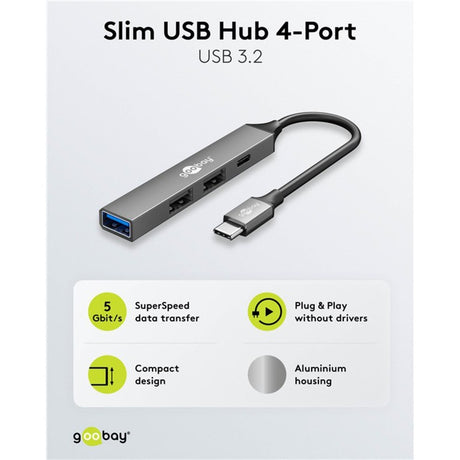 Goobay slim USB-hub med 4 porte, USB-C til USB-C USB-A, 5 Gbit s (lysegrå)