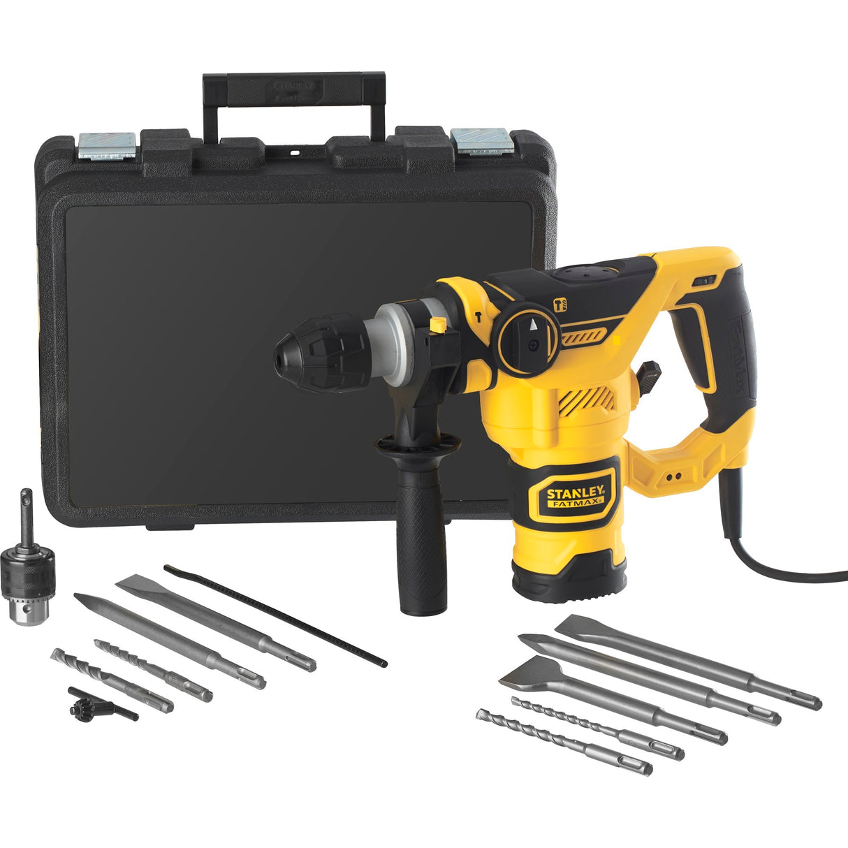 Stanley Fatmax 1250W pneumatisk borehammer med 3-delt mejselsæt (gul sort, SDS+, med kasse)