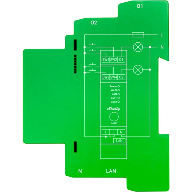 Shelly pro dimmer 14:00 relæ (grøn, 2-kanals, WiFi, LAN, Bluetooth)