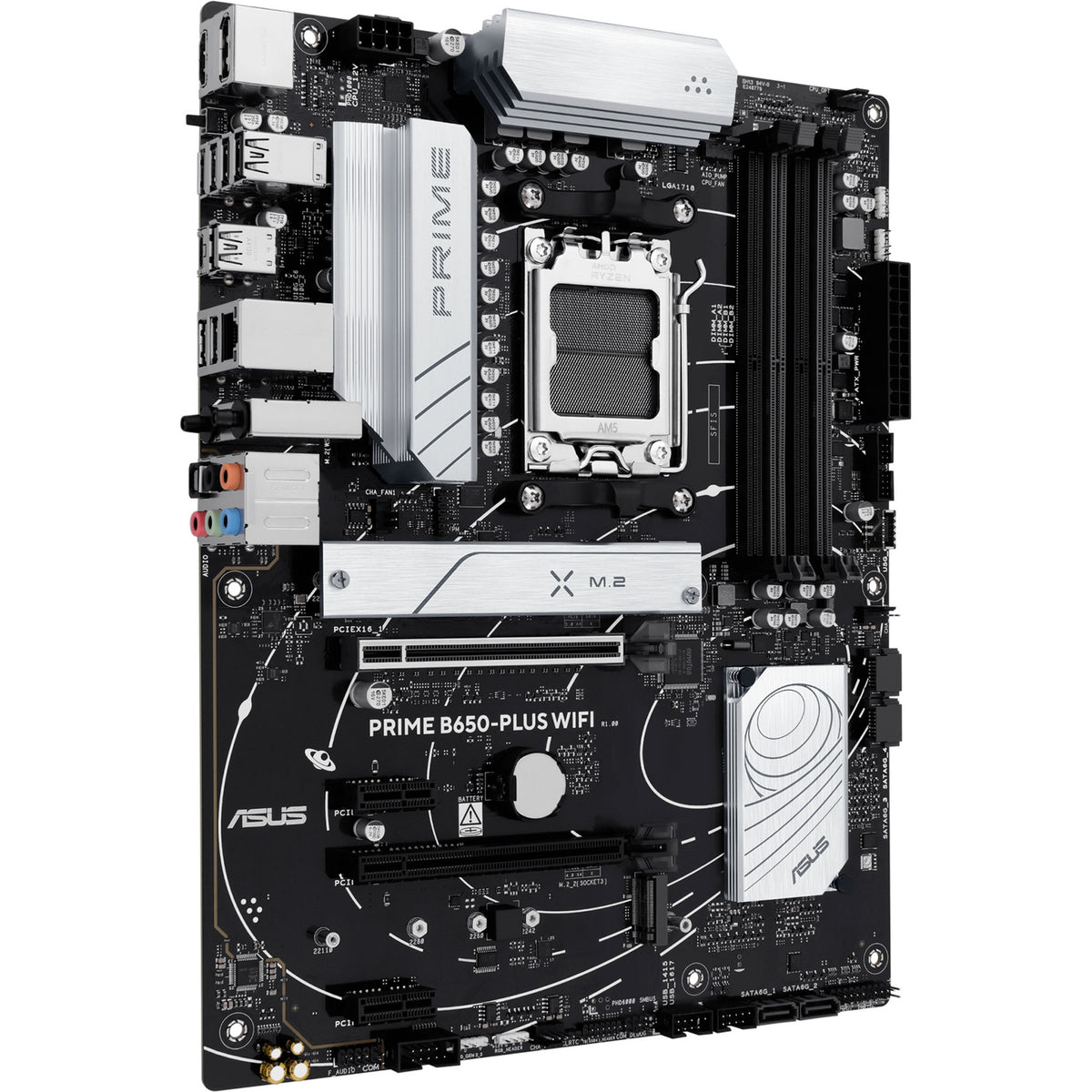 Asus Prime B650-Plus WiFi Socket AM5 bundkort (sort sølv, RAID, 2,5 GB-LAN, WiFi 6e, BT 5.3, lyd, ATX)