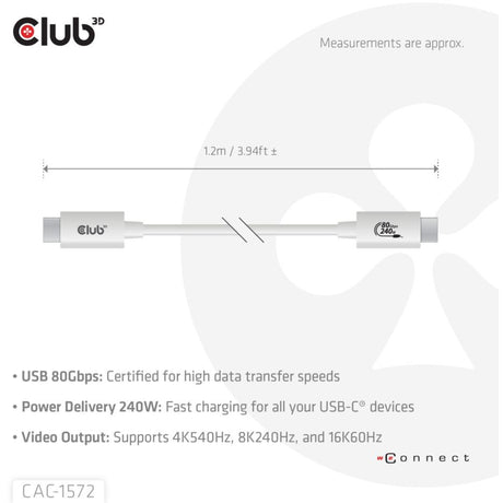 Club 3D USB-C 80 Gbps certificeret 240W 8K 240Hz kabel (hvid, 1,2m)
