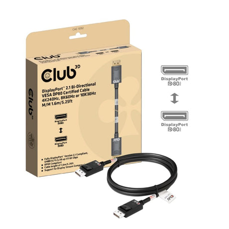 Club 3D DisplayPort 2.1 Vesa DP80 certificeret kabel han-han (sort, 1,6 meter, 8K 240Hz, 10K 60Hz, 80Gbps)