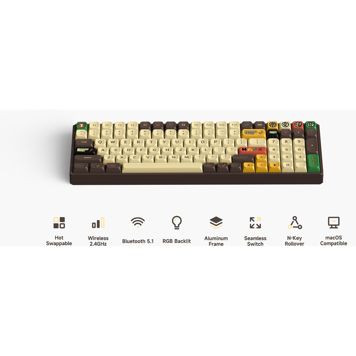 Iqunix f97 happy ape trådløst mekanisk tastatur (brunt, us-layout (qwerty), cherry mx red, 96%, rgb-lysdioder, hot-swappable, pbt, 2.4ghz | bluetooth 5.1 | usb-c)
