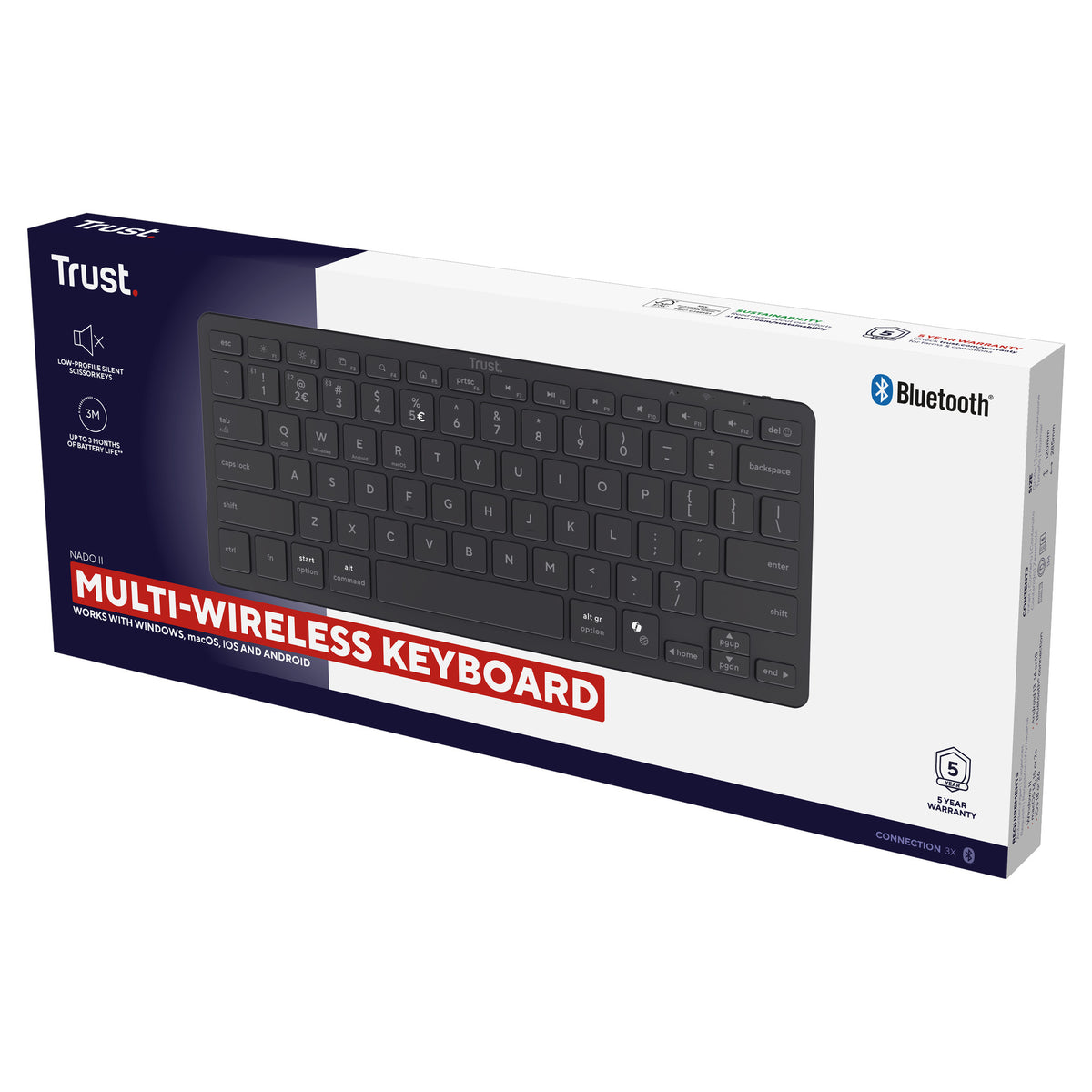 Trust nado ii bluetooth-tastatur (sort, us-layout (qwerty), saksekontakter, 80% (tkl), bluetooth)