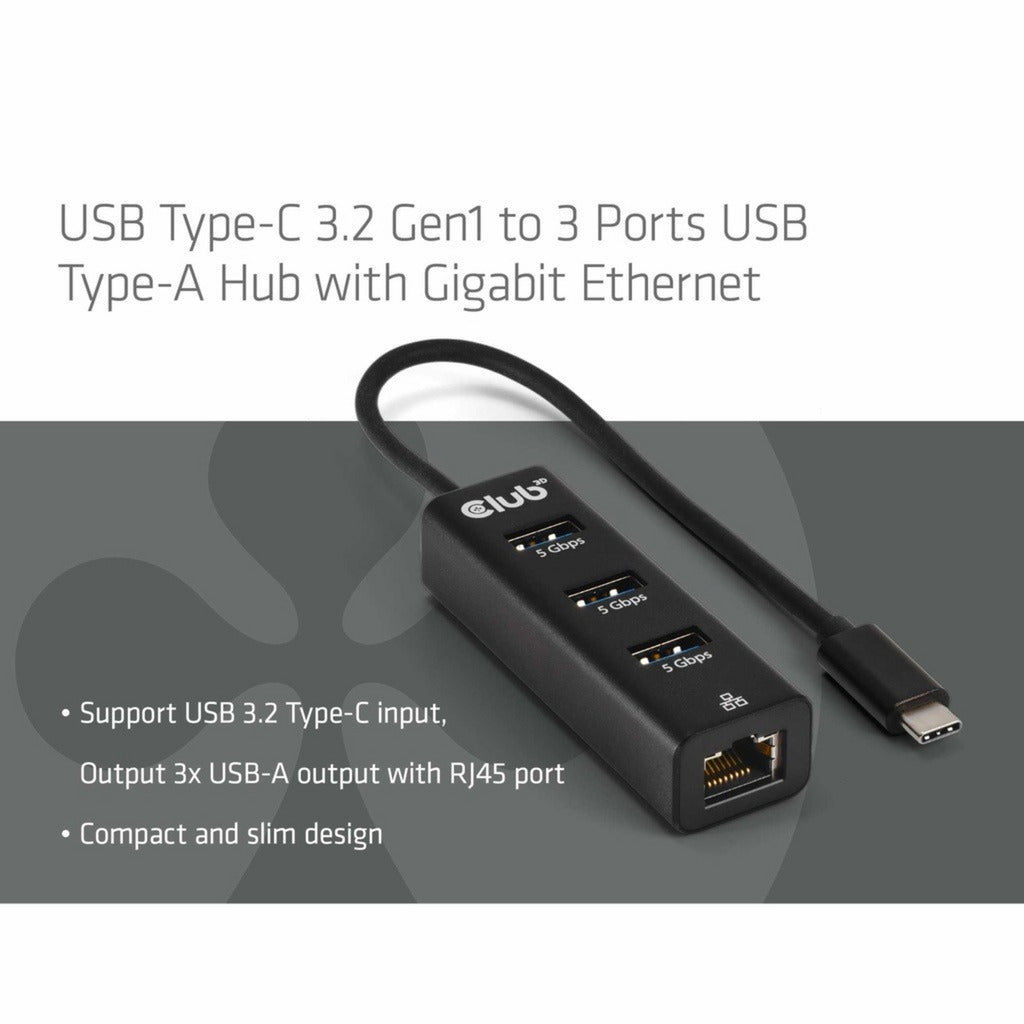 Club 3d usb-c 5 gbps naar 3 poorten usb type-a-hub met gigabit ethernet adapter (zwart)