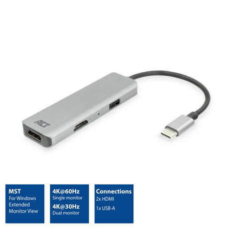 Akt-tilslutning USB-C 4K multiport-adapter til 2 HDMI-skærme, USB-A-dataport (aluminium)