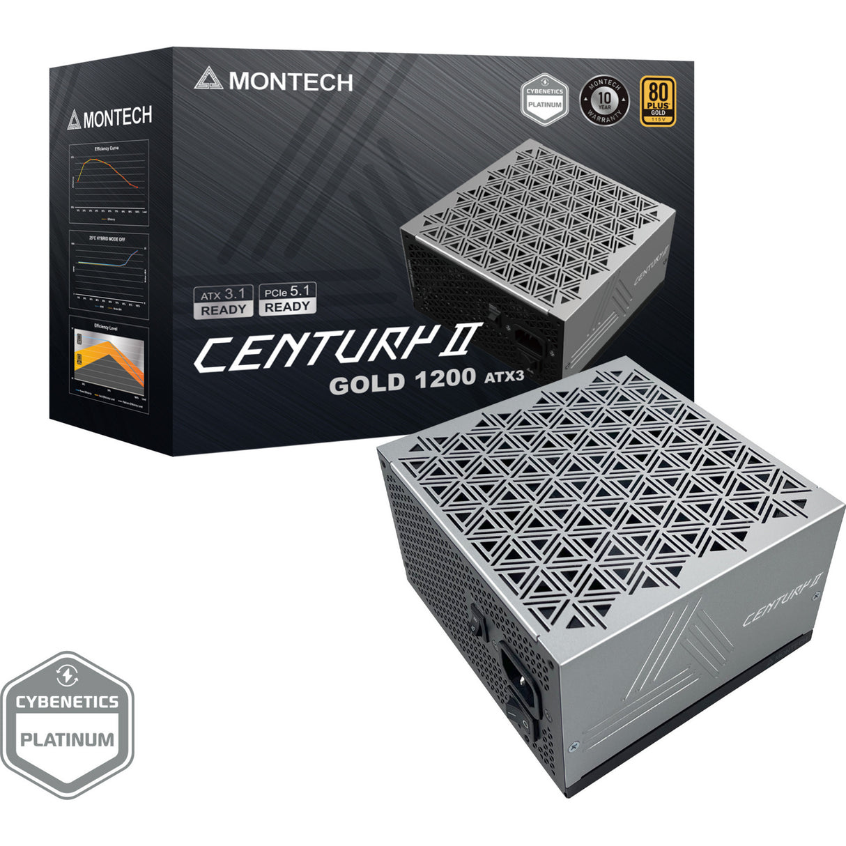 Montech Century ii modulær 1200 watt strømforsyning (sølv, 1x 12v-2x6, 6x pcie)