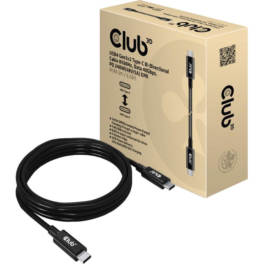 Club 3d usb4 gen3x2 type-c tovejskabel, 2 meter (sort, 8k60hz, data 40gbps, pd 240w (48v 5a) epr)