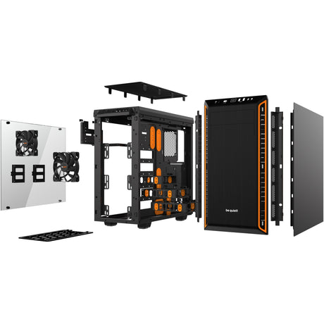 Vær stille! pure base 600 vindue midi tårnhus (sort orange | 2x USB-A | hærdet glas)