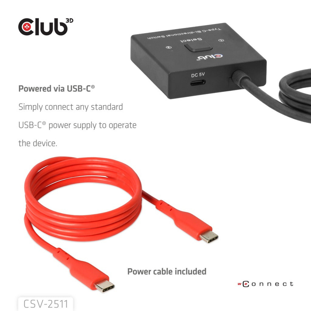 Club 3D USB-C tovejs video + data + PD switch USB switch (sort)