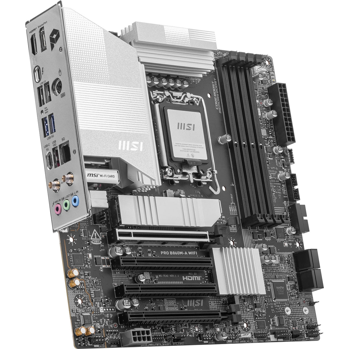 MSI Pro B860M-A WiFi Socket 1851 bundkort (sølv, RAID, 5GB-LAN, WiFi 7, BT, lyd, µATX)