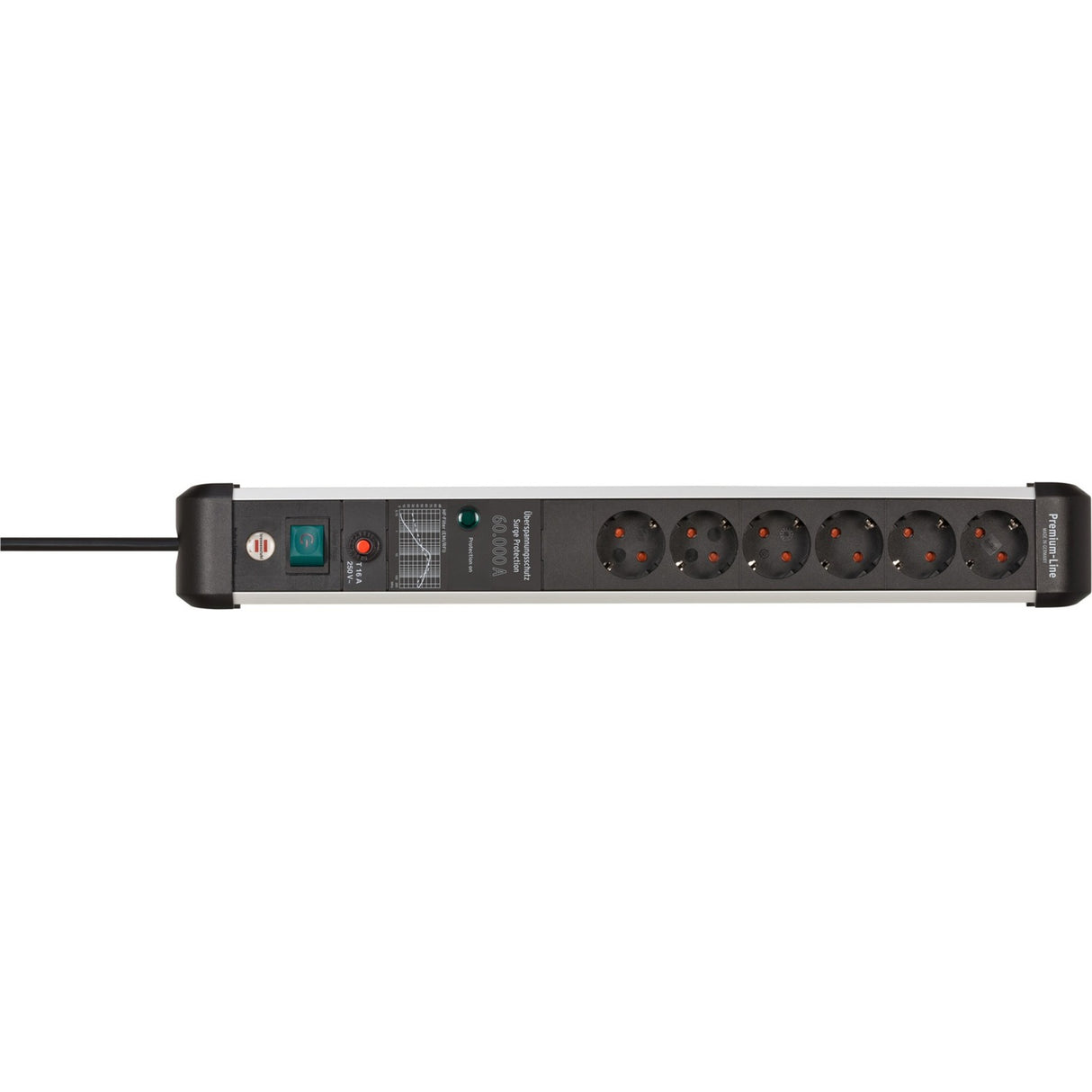 Brennerstuhl premium-protect-line, 6-vejs strømskinne med overspændingsbeskyttelse (3m kabel, med afbryder, fremstillet i Tyskland)