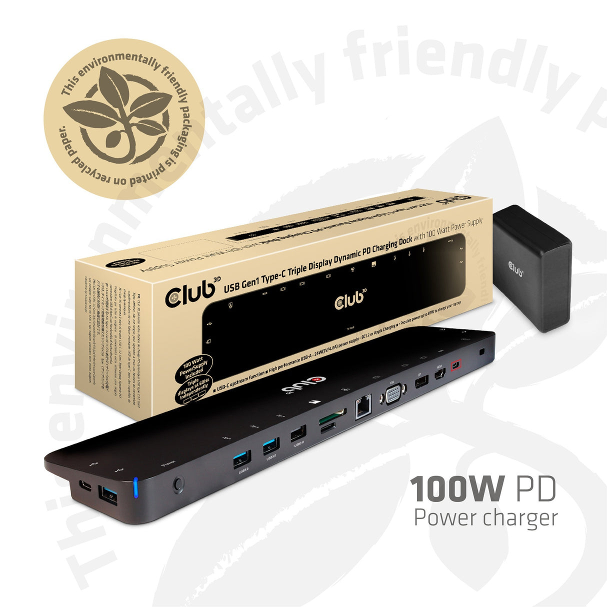 Club 3D USB-C 3.2 Gen1 Triple Display Dynamisk PD opladningsdockingstation 100W dockingstation (sort)