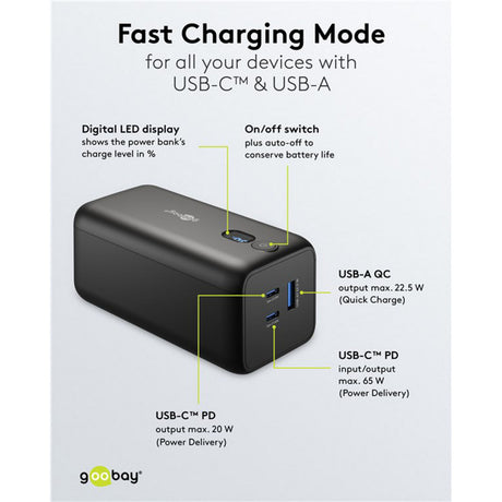Goobay bærbar powerbank (sort, 20.000 mah, strømforsyning)