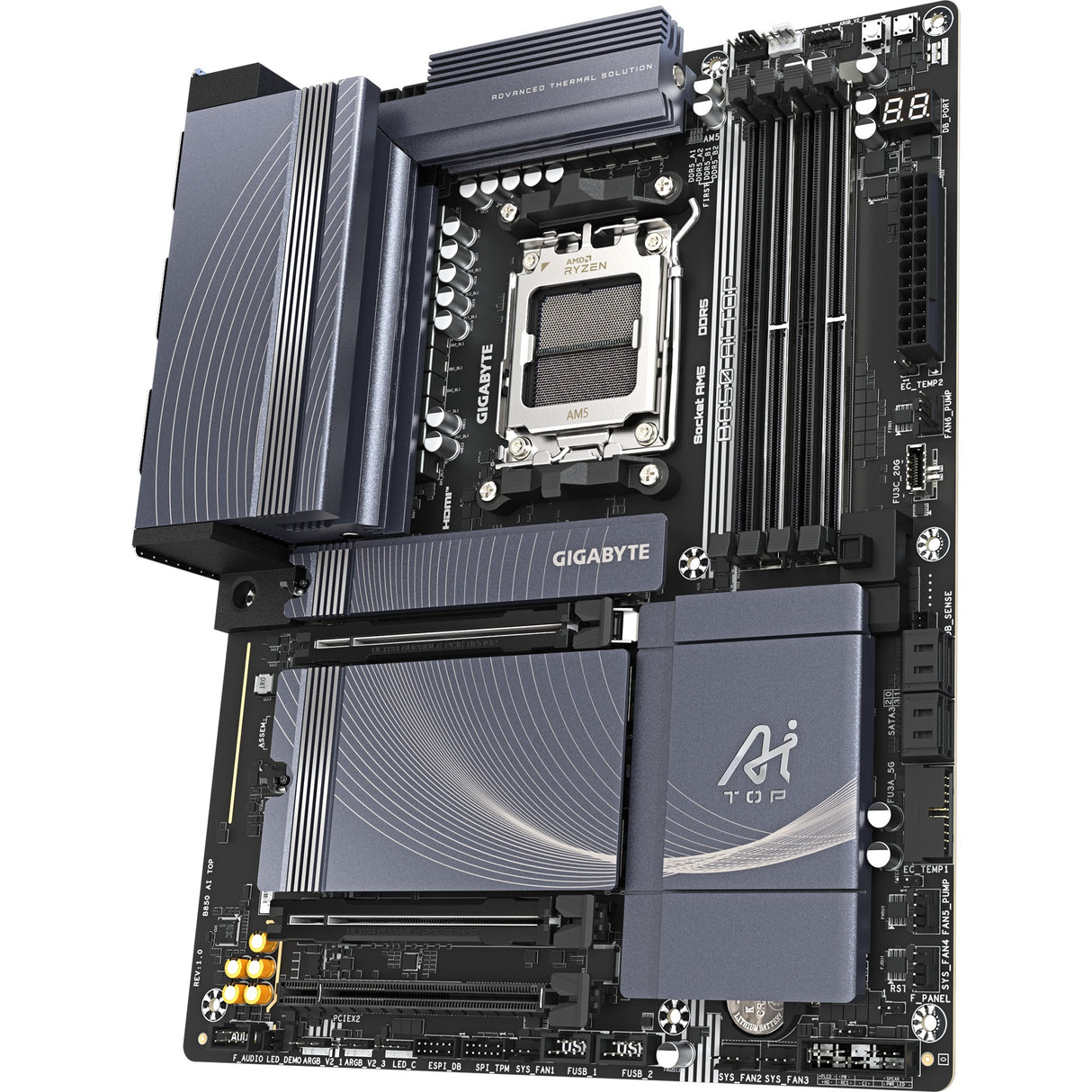 Gigabyte B850 AI Top Socket AM5 bundkort (sort grå, RAID, 2x 10 GB LAN, Wi-Fi 7, BT, lyd, ATX)
