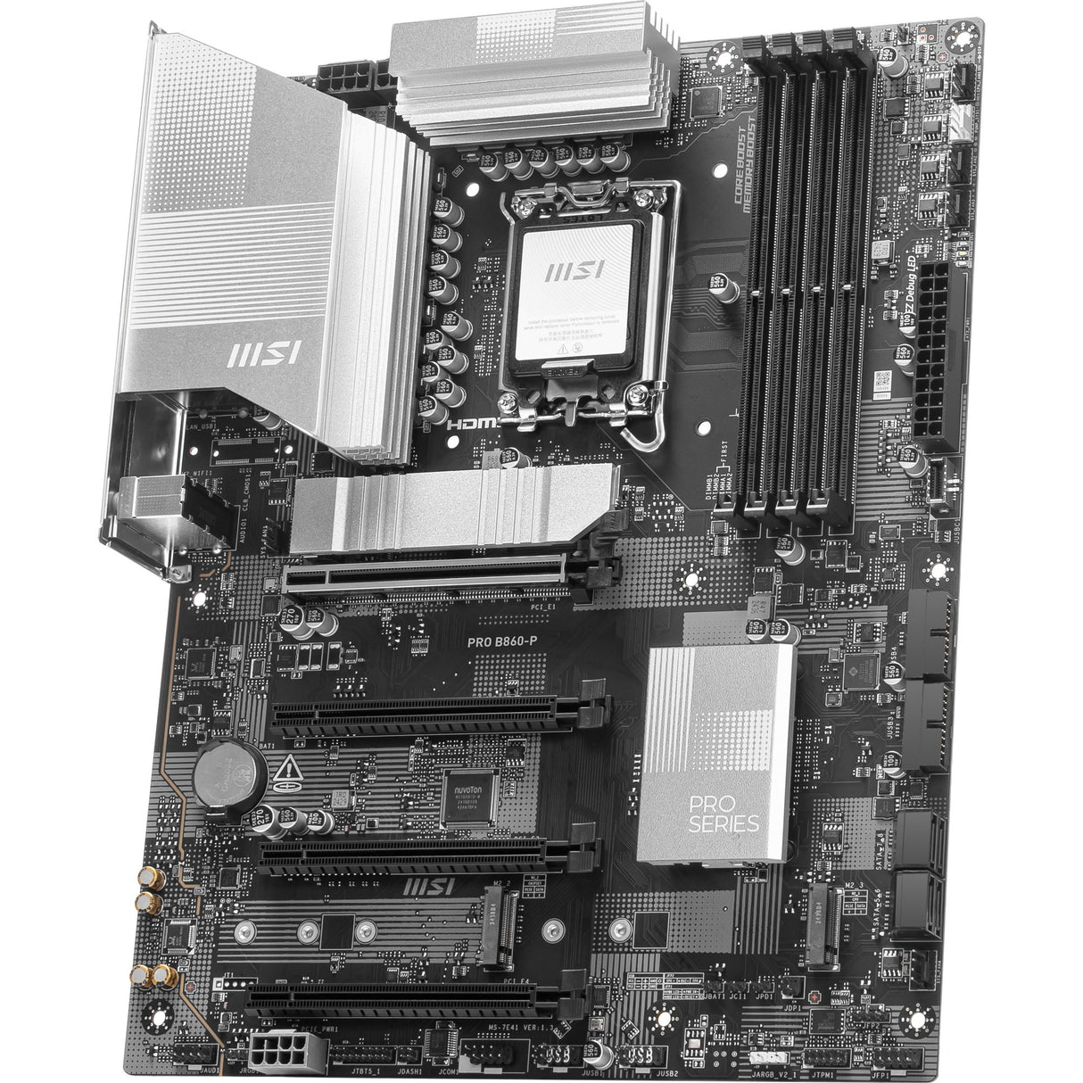 MSI Pro B860-P Socket 1851 bundkort (sølv, RAID, 5GB-LAN, lyd, ATX)