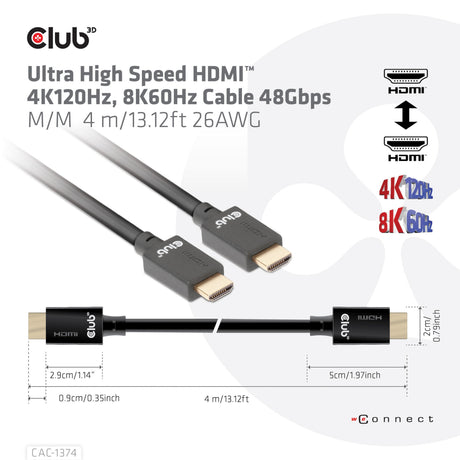 Club 3D ultra højhastigheds HDMI 2.1 han-han-kabel (sort, 4 meter, 4K 120Hz, 8K 60Hz, 48Gbps)