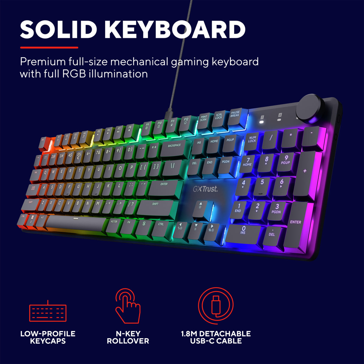 Trust GXT 866 Torix mekanisk gaming-tastatur (sort, amerikansk layout (QWERTY), Huano Red, 100 %, RGB)
