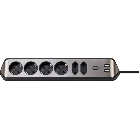 Brennerstuhl ®estilo hjørne tilslutningsboks med USB-opladningsfunktion 6-vejs 4x beskyttelsesstik 2x euro sølv sort