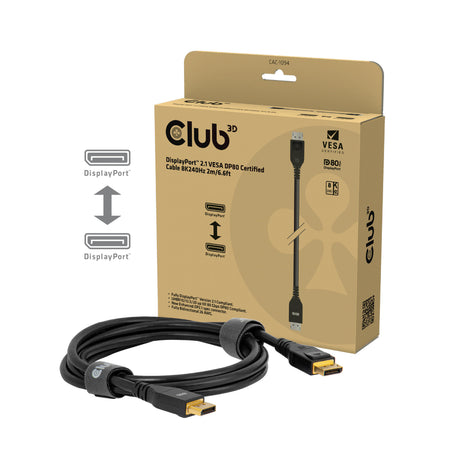 Club 3D-certificeret displayport 2.1 Vesa DP80-kabel (sort, 2 meter, 8k 240hz, 10k 60hz, 80gbps)