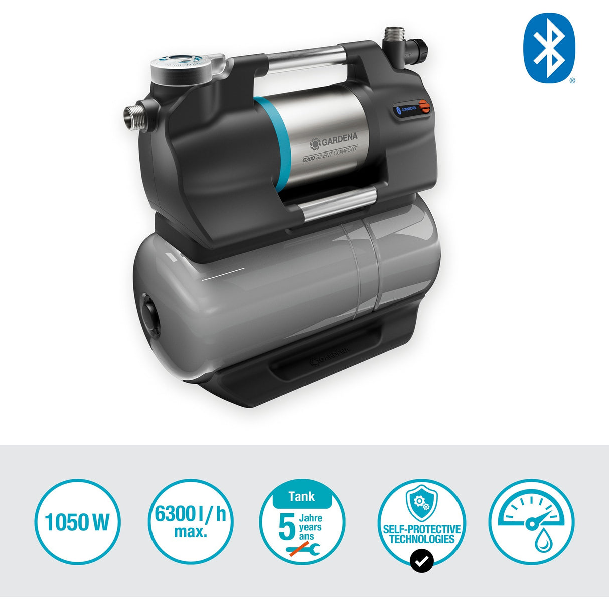 Gardena trykpumpe 6300 silentcomfort (grå rustfrit stål, Bluetooth)