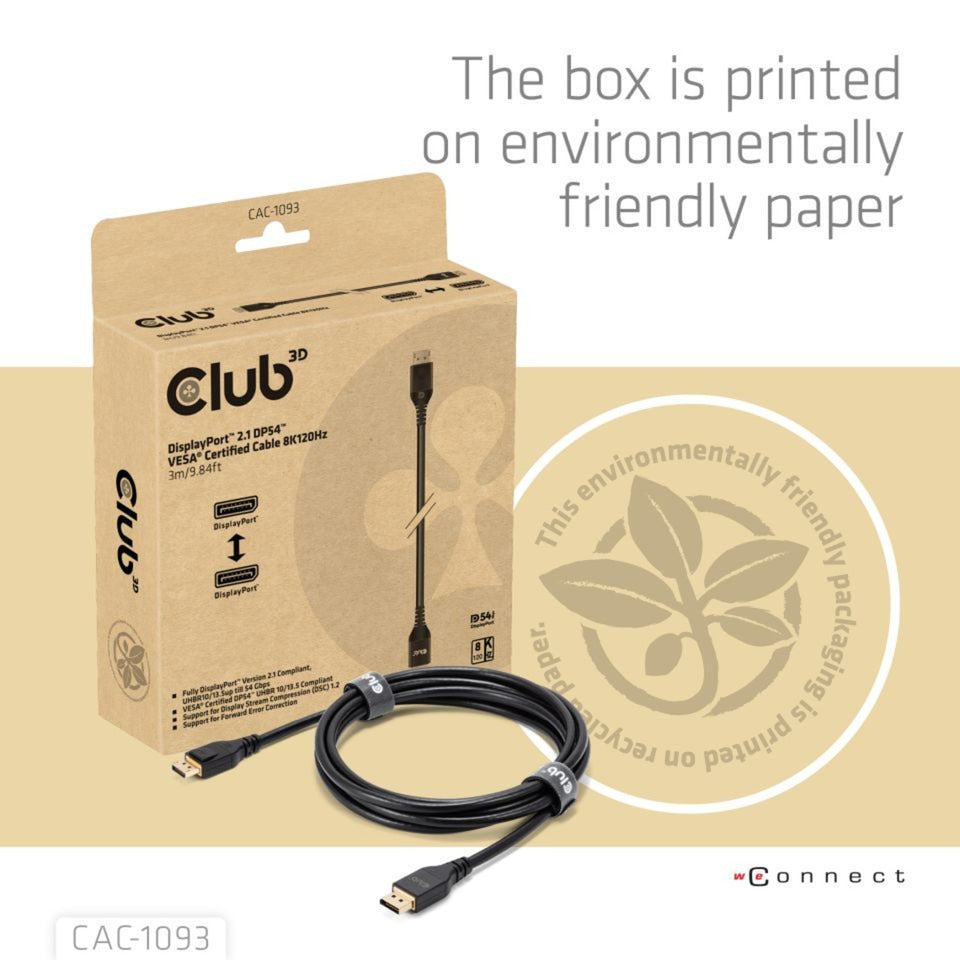 Club 3D DisplayPort 2.1 Vesa DP54 certificeret kabel han-han (sort, 3 meter, 4K 240Hz, 8K 120Hz, 54Gbps)