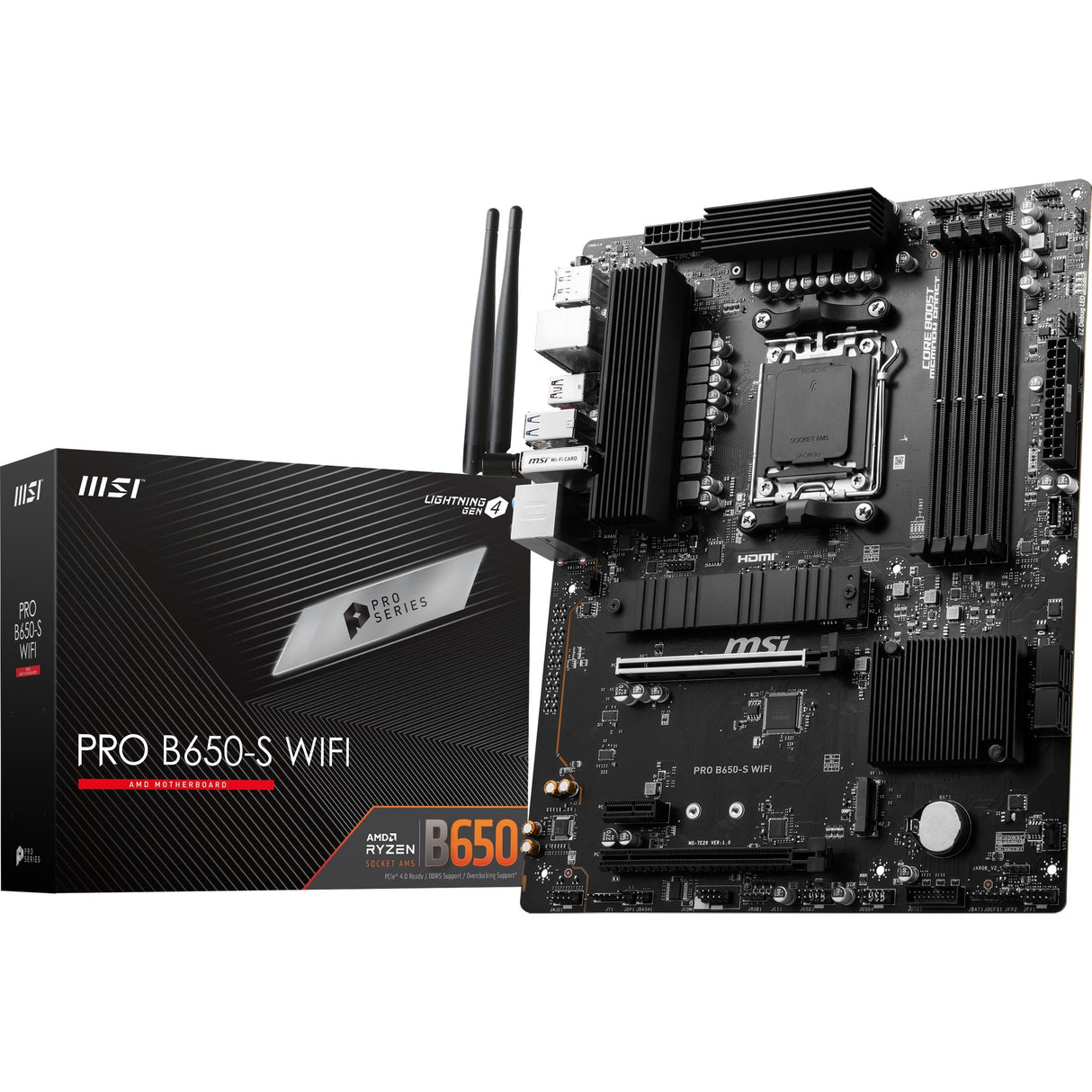 MSI Pro B650-S WiFi Socket AM5 bundkort (sort, RAID, 2,5 GBE-LAN, WiFi 6e, BT, lyd, ATX)