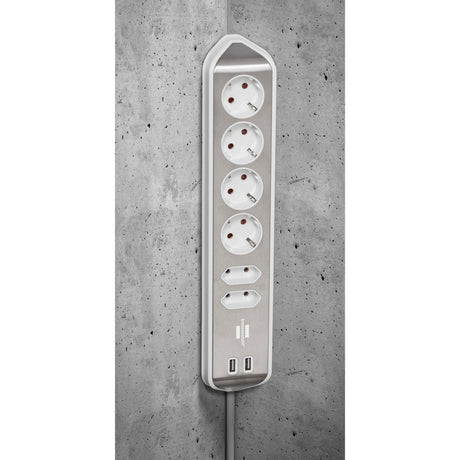 Brennerstuhl ®estilo hjørne tilslutningsboks med USB-opladningsfunktion 6-vejs 4x beskyttelsesstik 2x euro sølv hvid