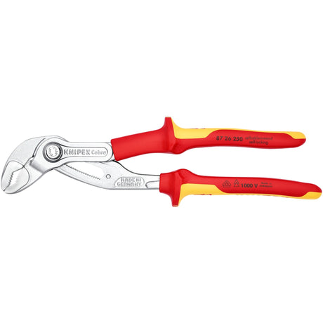 Knipex cobra vde højteknologisk vandpumpetang 87 26 250 Svensk vandpumpetang (rød gul, takkede gribeflader, gennembrudt hængsel)