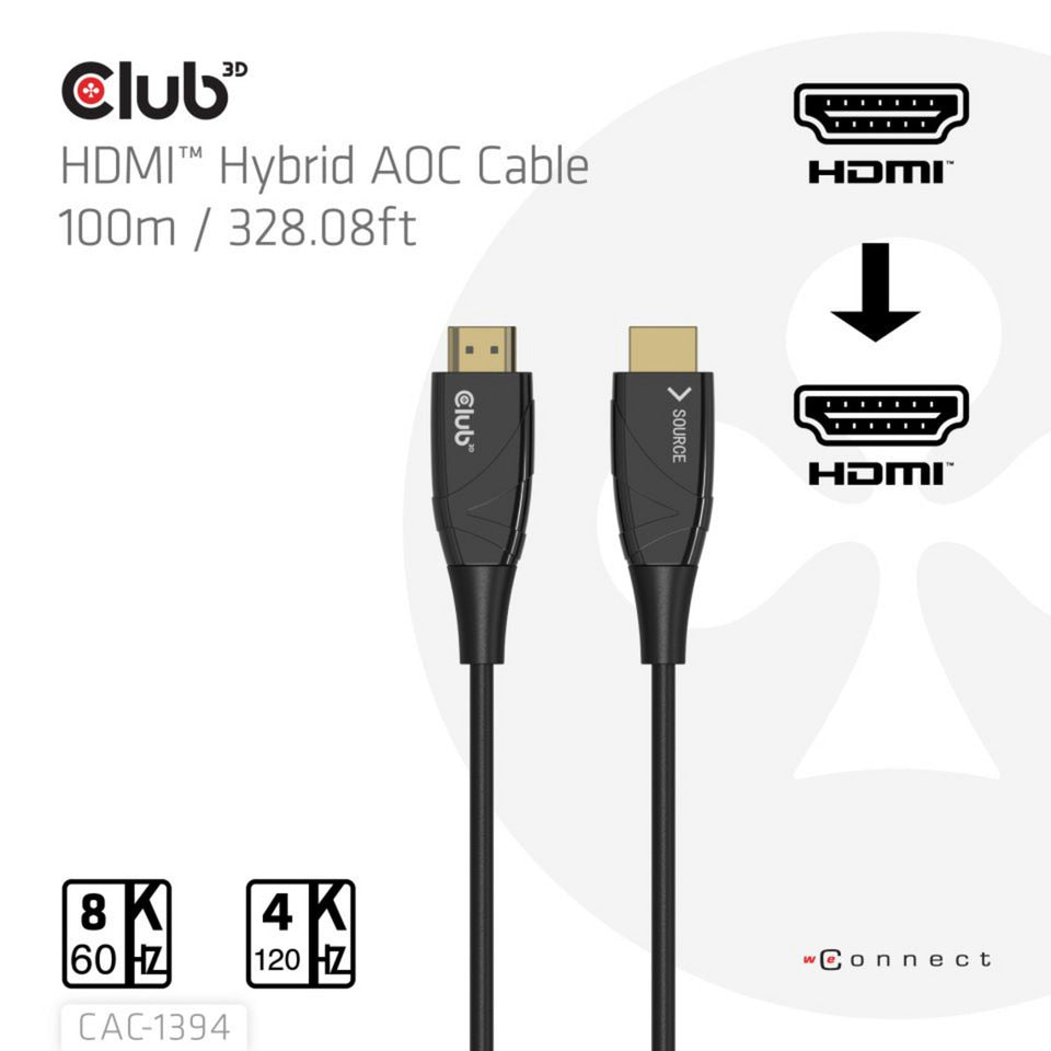 Club 3d hdmi hybrid aoc kabel 8k60hz 4k120hz, 100 m kabel (sort)