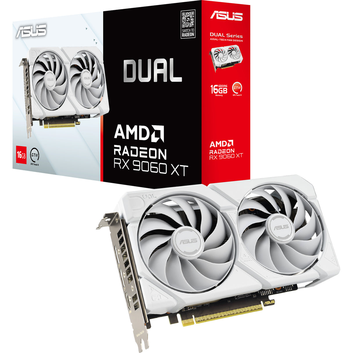 Asus Radeon RX 9060 XT Dual White Edition 16 GB grafikkort (hvidt, RDNA4, GDDR6, 2x Display Port, 1x HDMI 2.1)