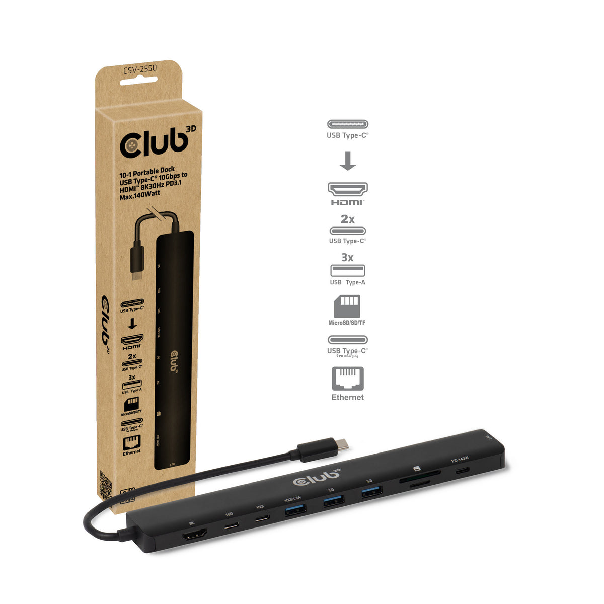 Club 3d 10-1 bærbar dockingstation usb type-c 10gbps til hdmi 8k30hz pd3.1 max.140 watt dockingstation (sort, hdmi, usb-c, lan)