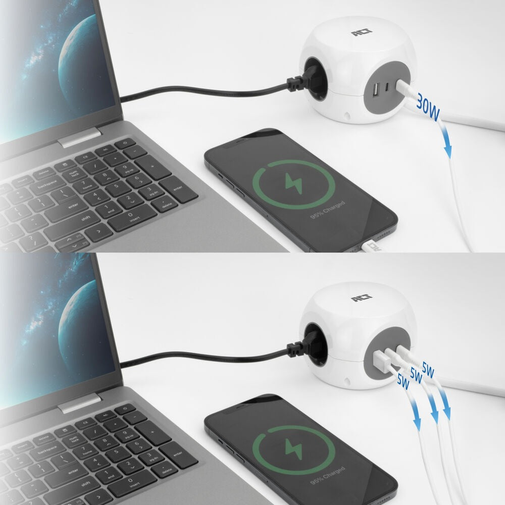 Act connectivity act strømskinne terning med 3 sokler, 30w strømforsyning USB-C a porte, kabellængde 1,5m ac2425