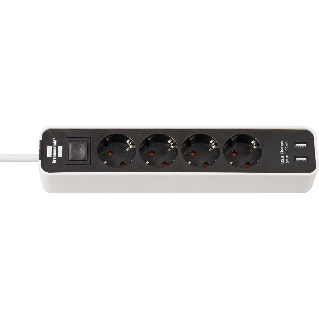 Brennerstuhl ecolor strømskinne 4-vejs med 2 USB-A opladningsporte 5V 2,10A, 10,5W (stik med USB-A og switch og 1,5 m kabel)