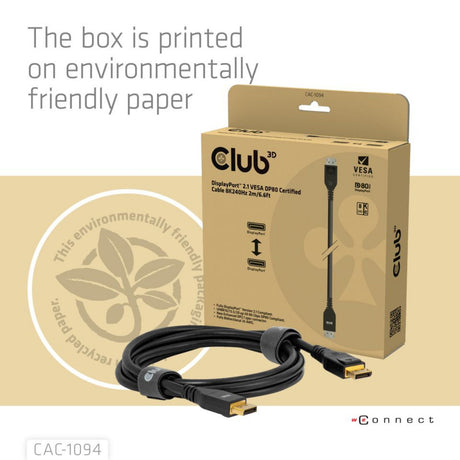Club 3D-certificeret displayport 2.1 Vesa DP80-kabel (sort, 2 meter, 8k 240hz, 10k 60hz, 80gbps)