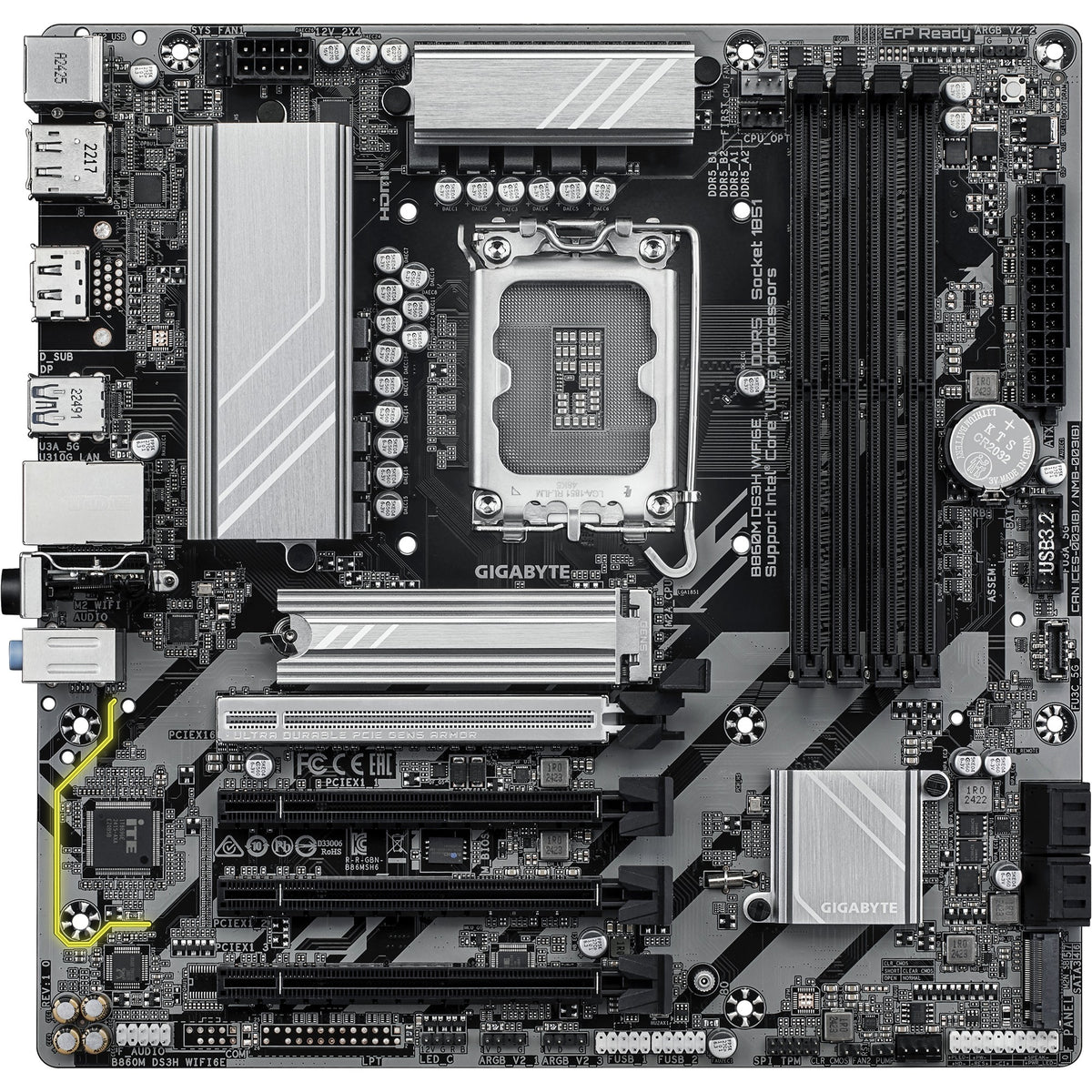Gigabyte B860M DS3H WiFi 6E Socket 1851 bundkort (RAID, 2,5 GB LAN, WiFi 6E, BT, lyd, µATX)
