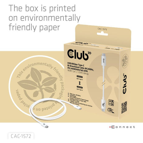 Club 3D USB-C 80 Gbps certificeret 240W 8K 240Hz kabel (hvid, 1,2m)