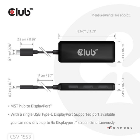 Club 3D USB-C til Triple DisplayPort MST Hub (sort, 4K60Hz)