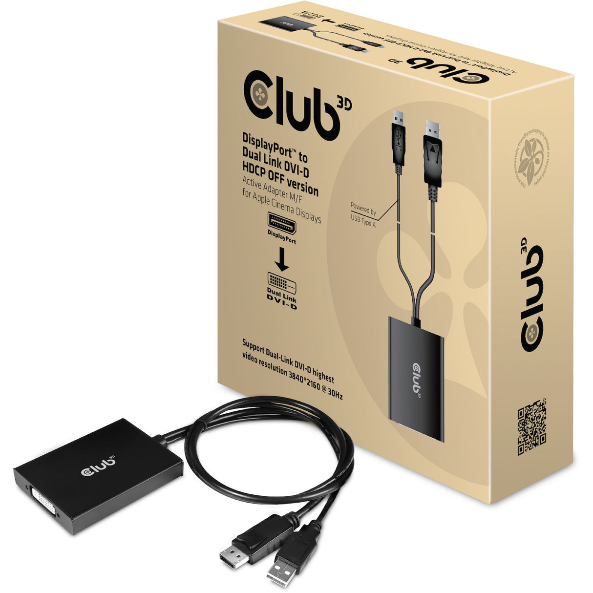 Club 3D DisplayPort til Dual Link DVI-D HDCP Off-version aktiv adapter til Apple Cinema Displays (sort)