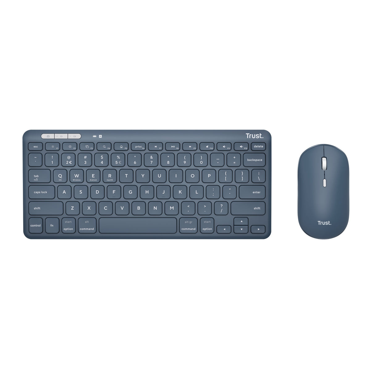Trust Lyra trådløs tastaturmus til flere enheder, skrivebordssæt (blå, amerikansk layout, saksekontakter, 800 - 1.600 dpi, 2,4 GHz USB, Bluetooth, 65 %)