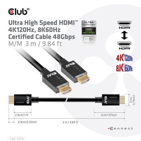 Club 3D ultra højhastigheds HDMI 2.1 certificeret kabel han-han (sort, 3 meter, 4K 120Hz, 8K 60Hz, 48Gbps)