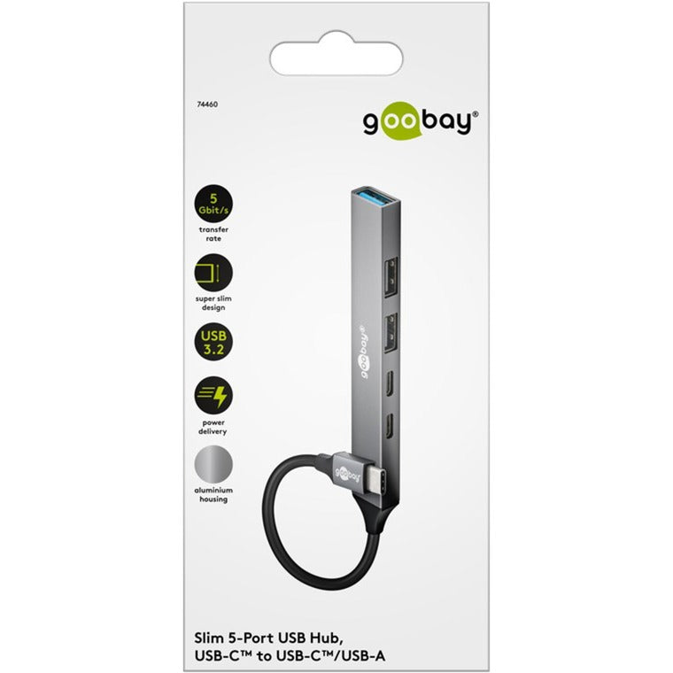 Goobay slim USB-hub med 5 porte, USB-C til USB-C USB-A, 5 Gbit s (lysegrå)