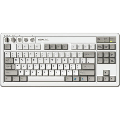 8bitdo retro mekanisk tastatur m udgave (grå, us layout (qwerty), kailh box hvid, 80% (tkl), bluetooth lavenergi, trådløs 2.4g, usb)