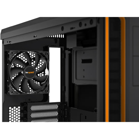 Vær stille! pure base 600 vindue midi tårnhus (sort orange | 2x USB-A | hærdet glas)